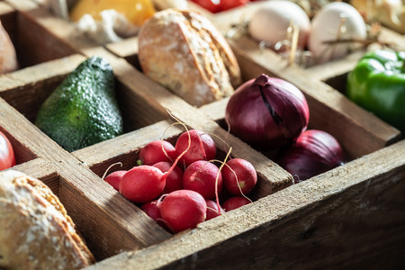Healthy ingredients for sandwich with cheese, tomato and radishの写真素材