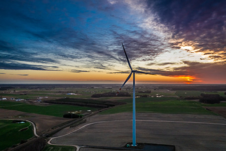 Aerial view of stunning wind turbines at dusk, Polandの写真素材