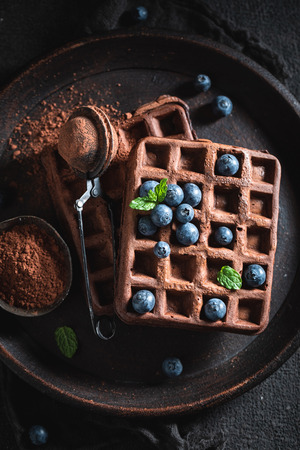 Sweet waffles with dark chocolate and fresh blueberriesの写真素材