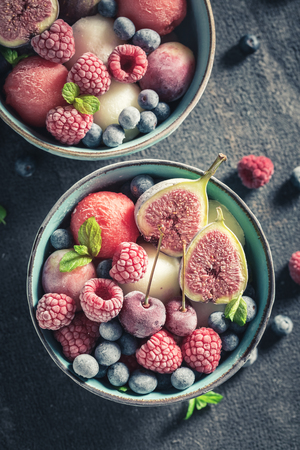 Cold ice cream sorbet with mix of summer fruitsの写真素材
