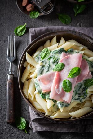 Tasty pasta with ham, spinach and bechamel sauceの写真素材
