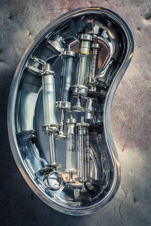 Top view of syringes with a needle preparation for vaccinationの写真素材