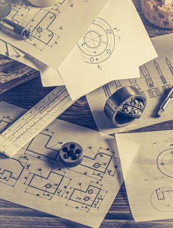 Top view of vintage designer desk of mechanical partsの写真素材