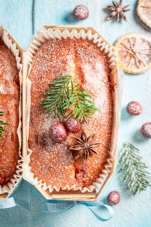 Tasty Fruitcake for Christmas decorated with spruceの写真素材