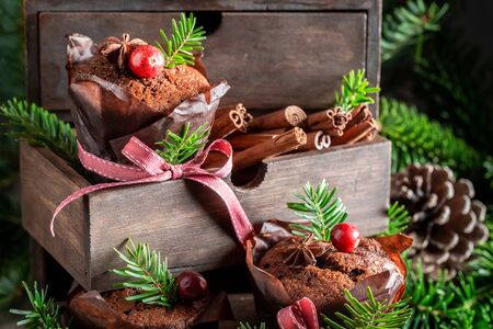 Traditionally gingerbread muffins for Christmas with cranberry and ribbonの写真素材