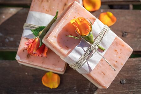 Ecological and handmade rose soap made of fresh flowersの写真素材