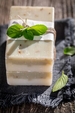 Aromatic and moisture mint soap made of fresh herbsの写真素材