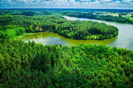 Stunning blooming algae on the lake in summer, aerial view