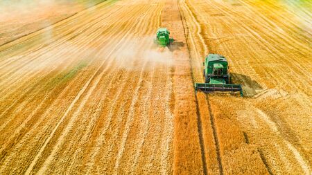 Two harvesters harvesting seed on field, aerial viewの写真素材
