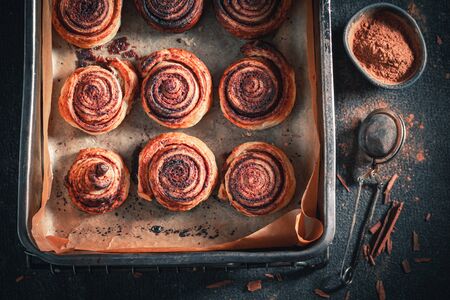 Sweet cinnamon rolls made of spices and puff pastryの写真素材