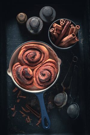 Delicious cinnamon buns as swedish christmas dessert.の写真素材