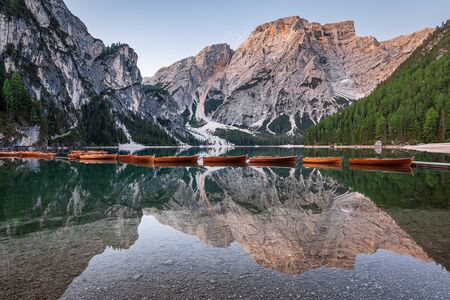 Beautiful Lago di Braies in Dolomites, Italyの写真素材