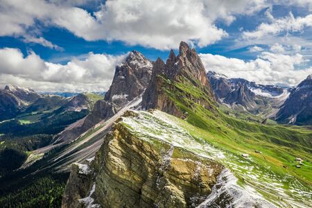 Aerial view of Seceda in South Tyrol, Dolomitesの写真素材