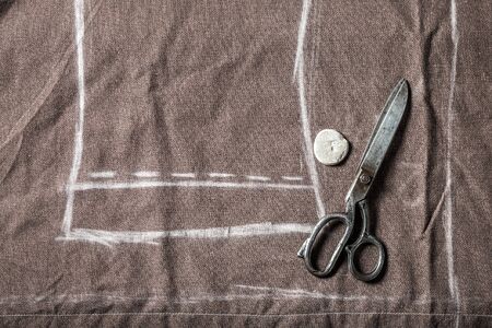 Top view of tailor pattern, scissors and clothesの写真素材