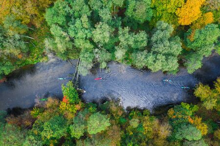 Stunning view to kayaking on autumn river, Polandの写真素材