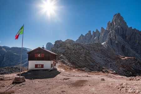 Monto Paterno and Dreizinnen hut in Dolomitesの写真素材