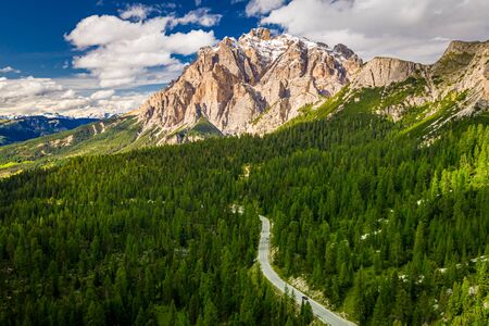 Aerial view of Passo Falazarego in Dolomitesの写真素材