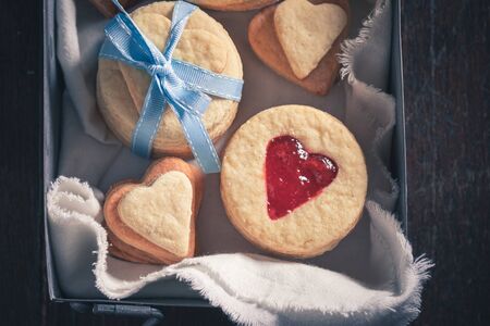 Top view of homemade valentine cookies as special snack