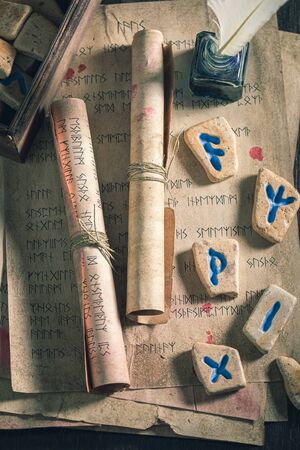 Vintage runic divination by stones based on futhark alphabet
