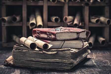 Magic scrolls and books in medieval libraryの写真素材