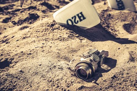Contaminated water cans in the toxic and danger desertの写真素材