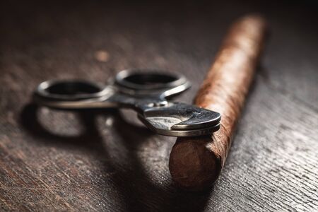 One cigar and metal scissors and wooden tableの写真素材