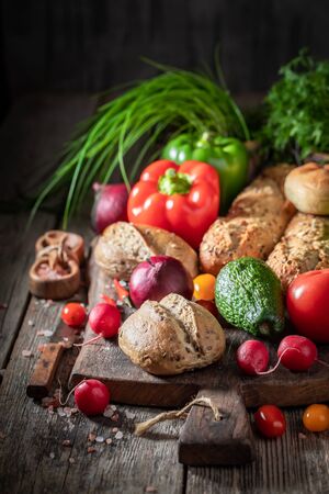 Tasty and fresh preparation for sandwich at spring breakfastの写真素材