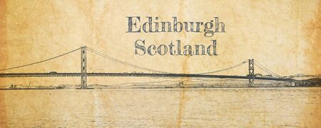 Forth Road bridge in Queensferry, Edinburgh, sketch on old paper
