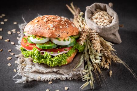 Tasty sandwich with fresh lettuce, egg and tomatoの写真素材