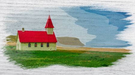 Small church by sea in Iceland, watercolor paintingの写真素材
