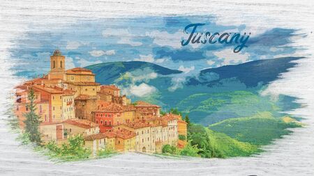 Abeto town in Umbria, Italy, watercolor paintingの写真素材