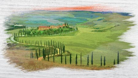 Watercolor of winding road with cypresses in Tuscanyの写真素材