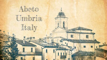 Sketch on old paper of Abeto town in Umbria, Italyの写真素材
