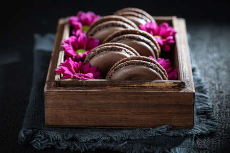 Closeup of chocolate macaroons as a tasty dessert