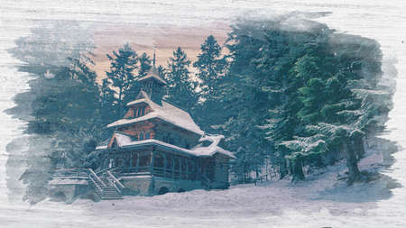 Antique chapel Jaszczurowka in Zakopane at winter, watercolor paintingの写真素材