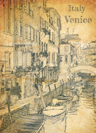 Few boats on canal in Venice, sketch on old paperの写真素材