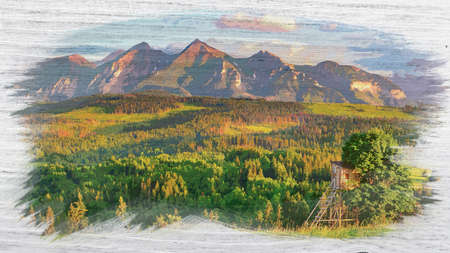 Stunning Tatra mountains at sunset in summer, watercolor painting