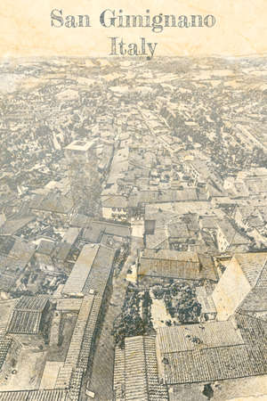 Valley in San Gimignano, Tuscany, Italy, sketch on old paperの写真素材