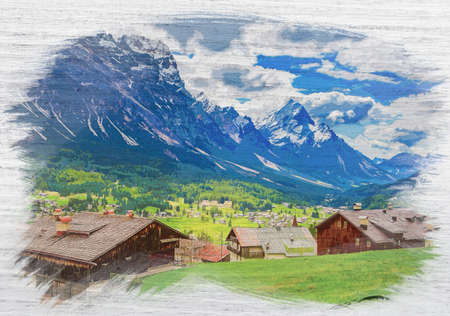 Cortina di Ampezzo in Dolomites, Italy, watercolor paintingの写真素材