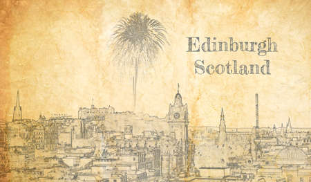 Fireworks over Edinburgh Castle, Scotland, sketch on old paperの写真素材