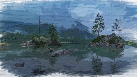 Mountain lake Hintersee, Berchtesgaden national park, watercolor painting