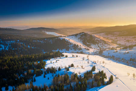 Lapszanka pass and Tatra mountains at sunrise in winter, Polandの写真素材