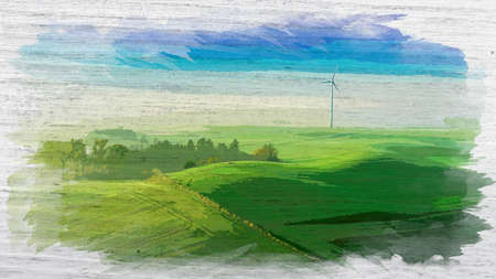 Stunning foggy wind turbine at sunrise, Poland, watercolor painting