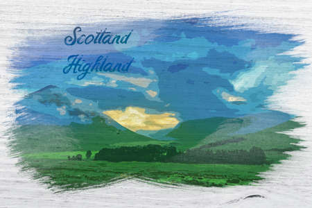 Foggy sunset over the mountains of Glencoe, Scotland, watercolor painting, Europeの写真素材