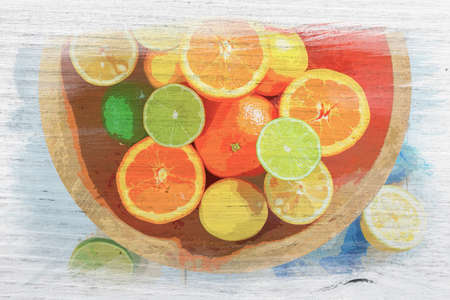 Fresh oranges, limes and lemons, watercolor painting on wood
