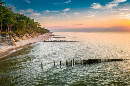 Aerial view of sunset on Baltic Sea in summer, Poland