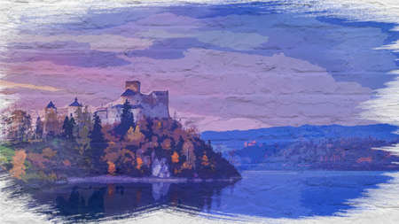 Stunning Niedzica castle by lake, Poland, watercolor paintingの写真素材