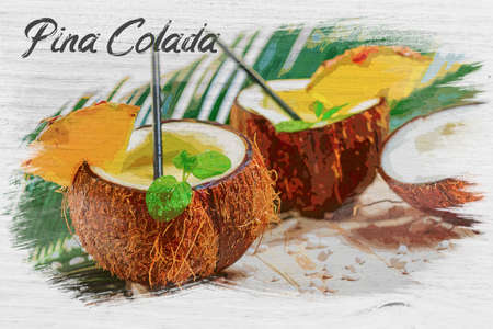 Fresh pinacolada drink served in a coconut, watercolor painting
