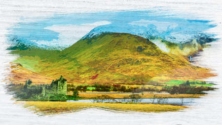 Watercolor painting of Kilchurn Castle over lake, Scotland, Europeの写真素材