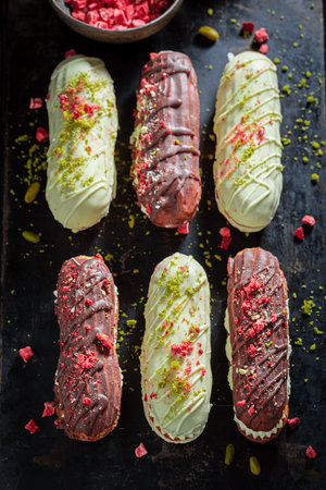 Tasty eclairs with dry pistachios and strawberries on baking tray